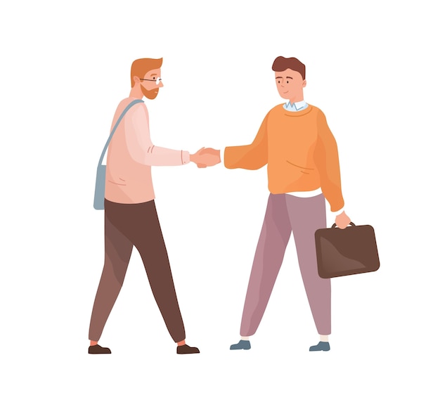 Personas adultas dándose la mano aisladas sobre fondo blanco. Cooperación de empresarios. Conocimiento de empleados y empleadores. Trato y acuerdo de socios. Ilustración de dibujos animados de vector plano.