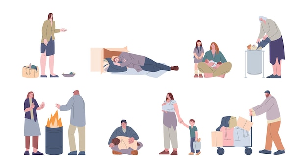 Personas adultas sin hogar mujeres y hombres pobres Pobreza desempleados y refugiados Vida personal en la calle mendigo y aislamiento social escenas vectoriales kicky