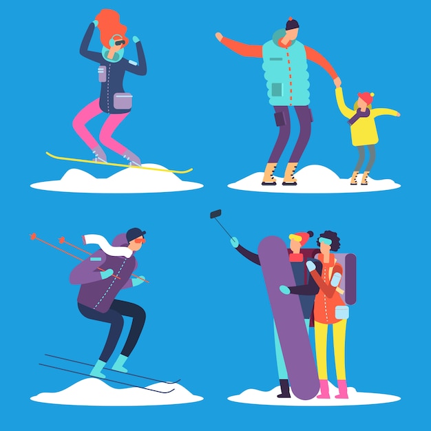 Vector personas, adultos y niños, snowboard y esquí al aire libre.