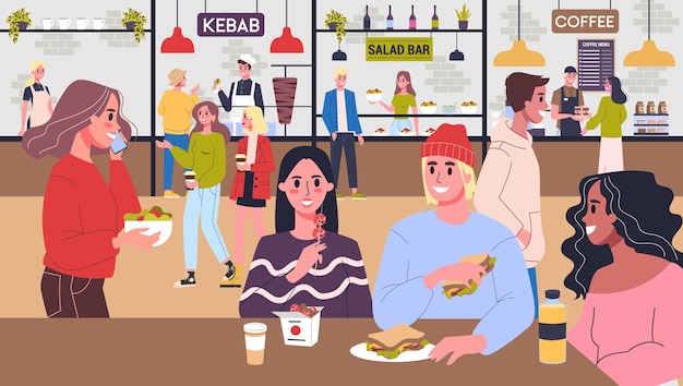 Vector personas almorzando en el patio de comidas. personajes femeninos y masculinos comiendo diferentes comidas deliciosas. varias cocinas en un solo lugar. interior de la cafetería del centro comercial. ilustración.