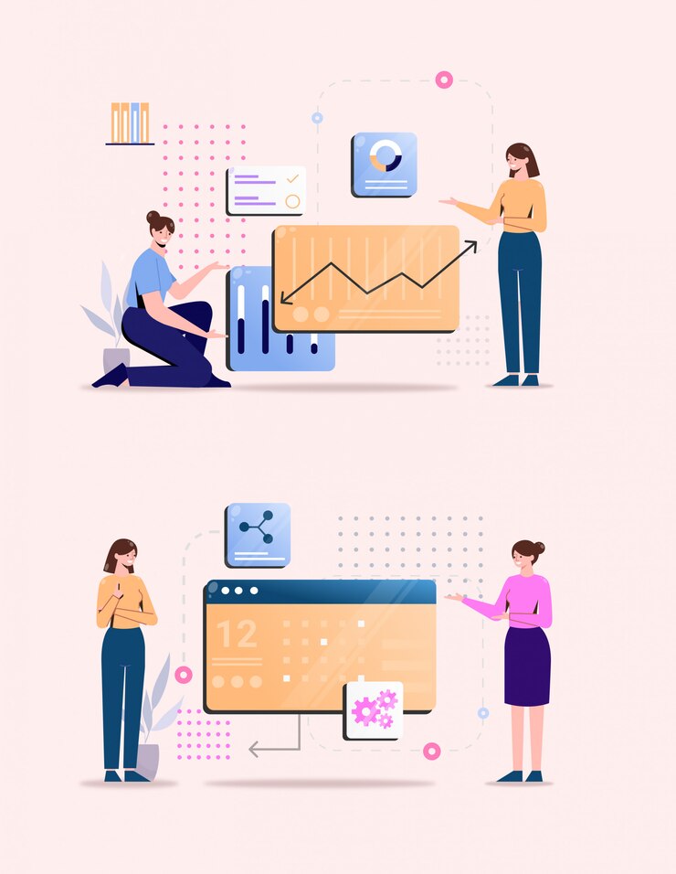 Vector personas analíticas de datos de ilustración plana hablando conjunto de pose humana