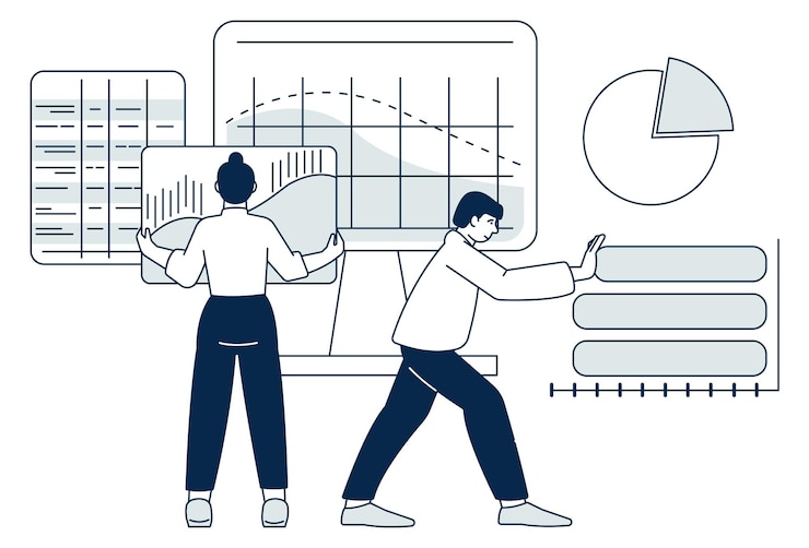 Vector personas analizando estadísticas de datos informe de rendimiento empresarial
