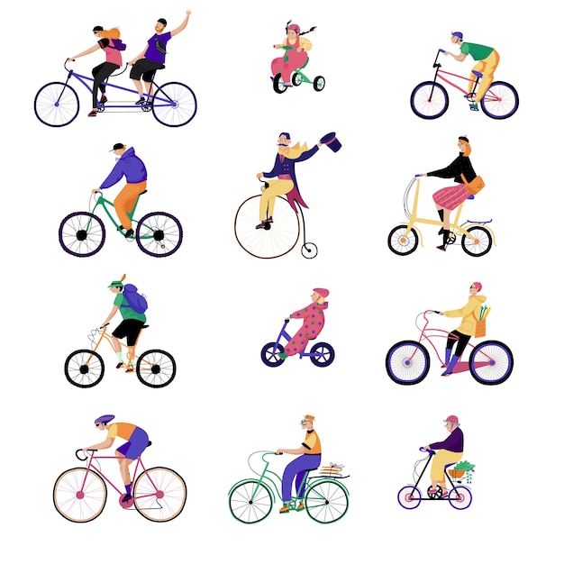 Las personas andan en bicicleta, ilustración, personajes aislados en blanco montando diferentes bicicletas originales, estilo plano.