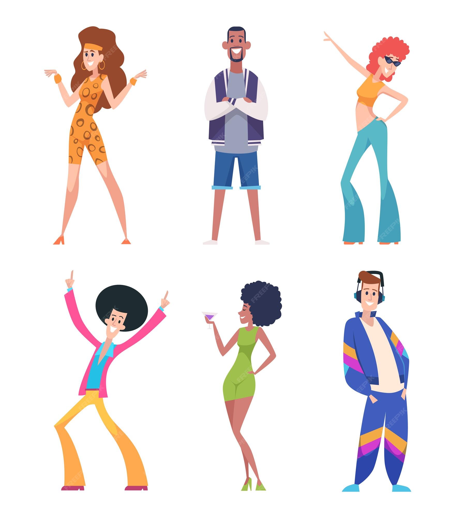 Personas de los años 80 personas de estilo antiguo con ropa informal de  colores, personajes de ropa, hombres y mujeres, personas retro vectoriales  exactas | Vector Premium