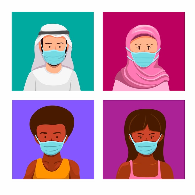 Personas árabes y africanas de Asia oriental con máscara. Conciencia de las personas multiculturales de la infección por virus en el símbolo de la pandemia en la ilustración de dibujos animados