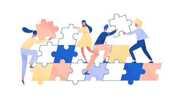 Personas armando rompecabezas gigantes juntos. Concepto de trabajo en equipo y cooperación de los empleados. Los colegas apoyan y ayudan. Desafío de equipo. Ilustración de dibujos animados de vector plano aislado en blanco.