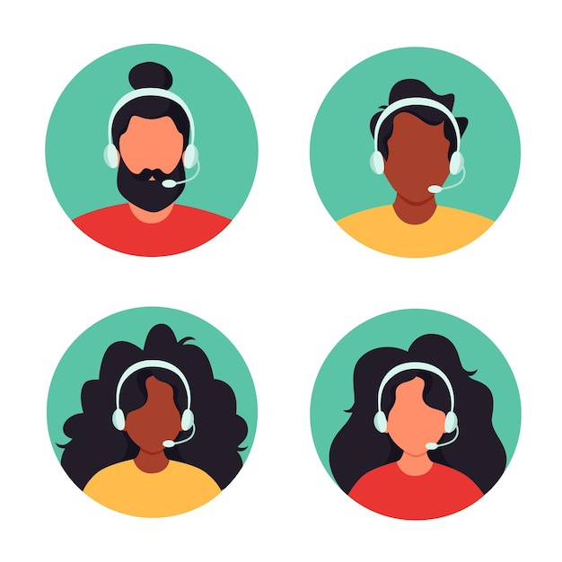 Personas con auriculares, servicio al cliente, asistente, soporte, centro de llamadas