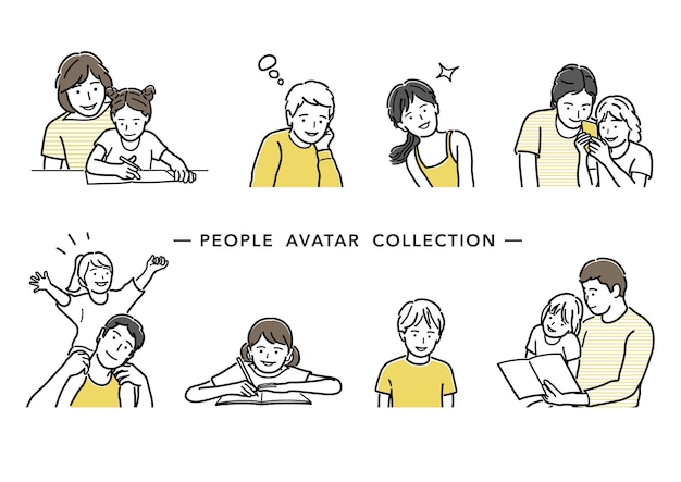 Personas Avatar Vector Colección de dibujo lineal Conjunto de padres e hijos Ilustración plana simple