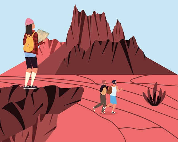 Vector personas aventura paisaje rocoso árido