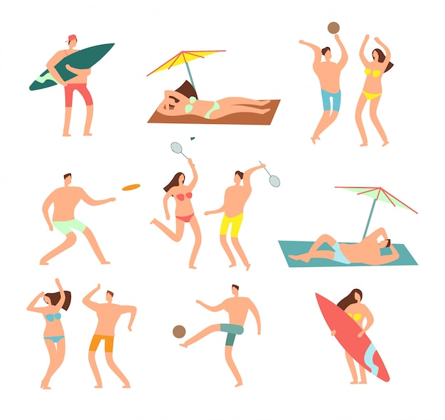Personas en bañadores en mar vecation playa. Relajantes personajes mujer y hombre.