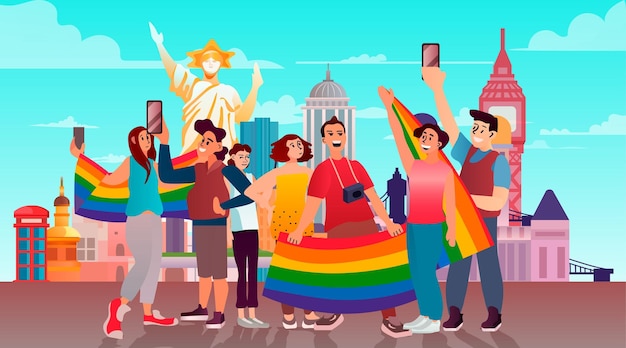 personas con banderas del arco iris lgbt paradas juntas cerca de lugares famosos desfile de amor lesbiano gay festival del orgullo concepto de amor transgénero ilustración vectorial horizontal