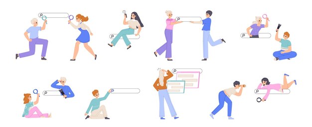 Personas y barras de búsqueda en la web Mujer joven hombre navegan por Internet buscando trabajo bienes o información Adolescentes mirando con lupa conjunto vectorial cómodo