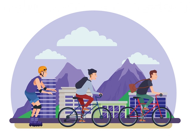 Personas con bicicletas y patines.