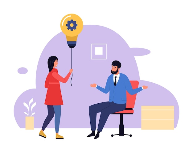 Personas con bombilla Mujer que viene a un colega con una idea creativa Empleado que comparte un proyecto de puesta en marcha o innovación