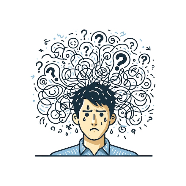 personas con burbujas de pensamiento giratorias llenas de signos de interrogación desbordan