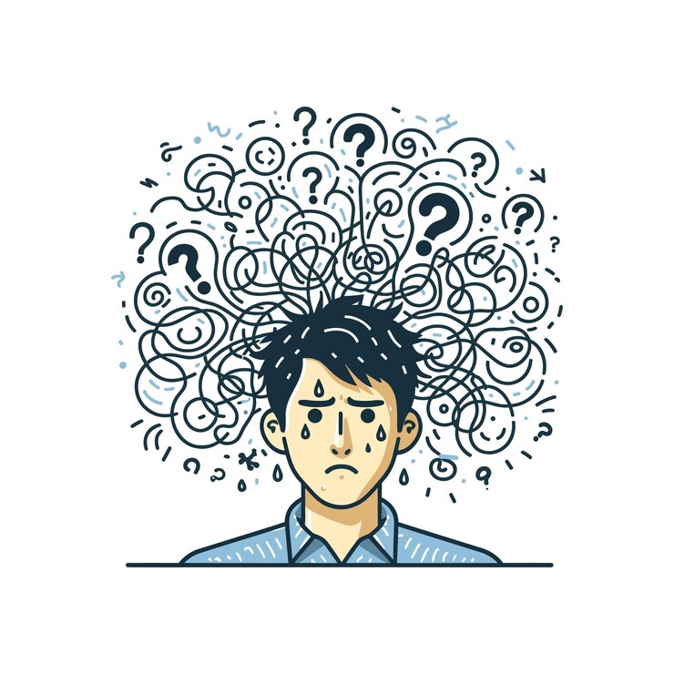 Vector personas con burbujas de pensamiento giratorias llenas de signos de interrogación desbordan