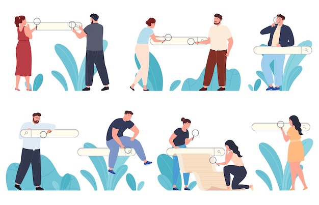 Las personas buscan información en Internet con la ayuda de la barra de búsqueda Hombres y mujeres buscan y encuentran información en un sitio de búsqueda Ilustración vectorial