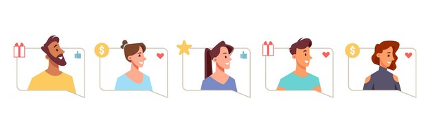 Personas en cajas de chat con corazón de monedas y estrellas.
