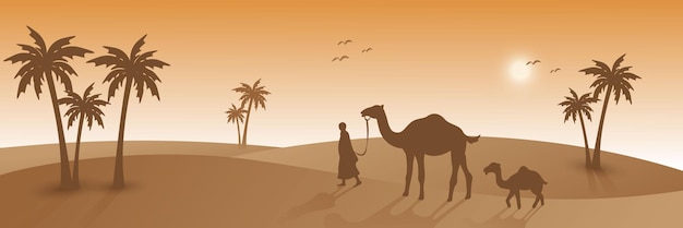 personas y camellos caminando sobre la silueta del desierto luz del sol islámica web banner vector de fondo