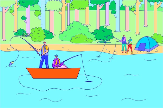 Personas carácter juntos pesca hobby bosque relajante tiempo amigo pescando desde barco al aire libre senderismo línea plana vector ilustración