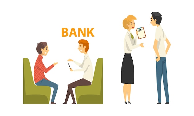 Personas Caracteres en el banco Obtención de servicios Hablando con el consultor Conjunto vectorial