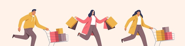 Personas con carritos llenos de compras y regalos Cupón de descuento de venta de temporada de Black Friday