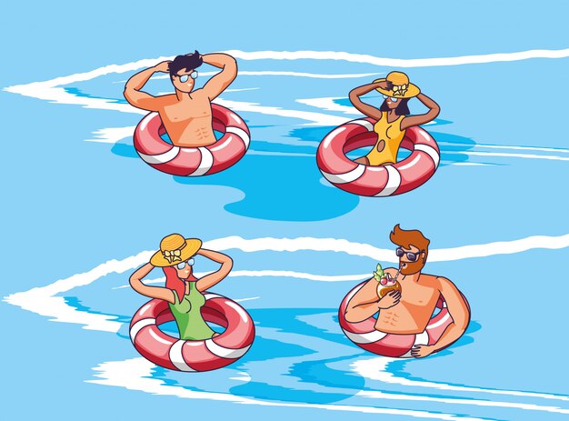 Vector personas con carrozas en mar escena de verano.