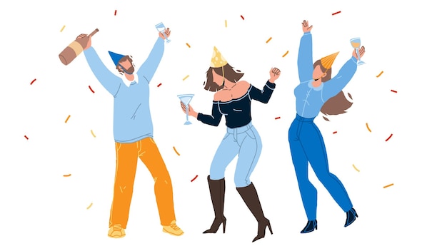 Personas celebrando cumpleaños o Navidad Vector. Hombre joven y mujeres celebrando aniversario o Navidad, bebiendo bebidas alcohólicas y bailando juntos. Ilustración de dibujos animados plana de fiesta de personajes
