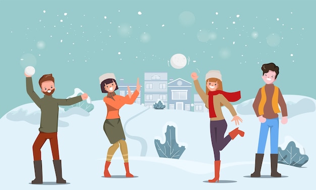 Vector personas celebrando lanzando bolas de nieve en navidad en vacaciones de invierno.