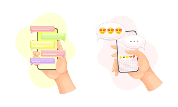Personas chateando a través de un teléfono inteligente Manos sosteniendo el teléfono con mensajes cortos emoticones e iconos aplicación de mensajería en la ilustración vectorial de visualización