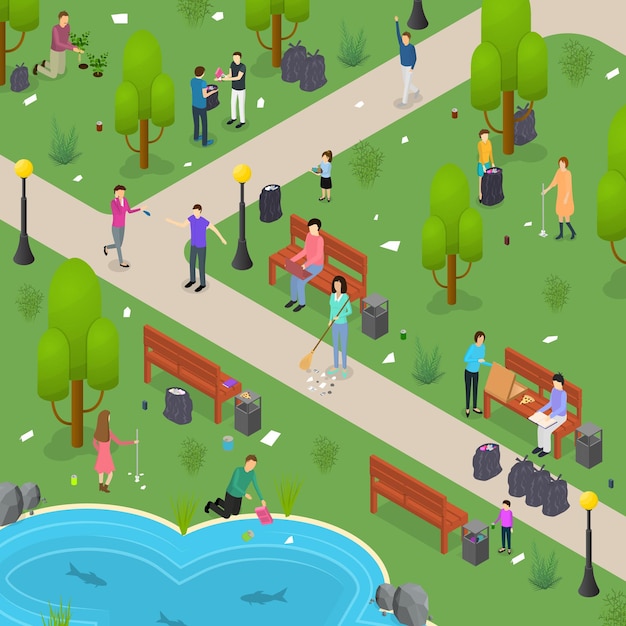 Personas clasificando basura Cartón de cartel Concepto 3d Visión isométrica Ilustración vectorial de reciclaje de basura en el parque