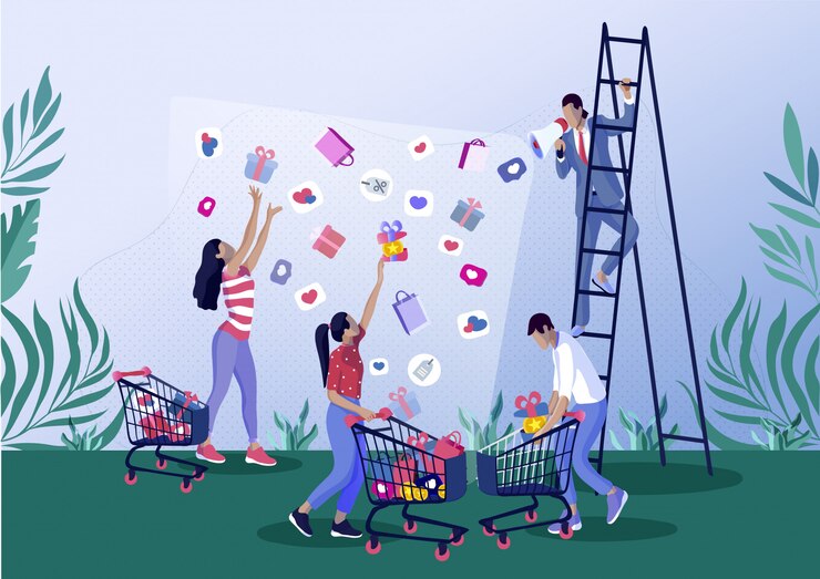 Vector personas cogiendo regalos, bolsa de compras, iconos de corazón.