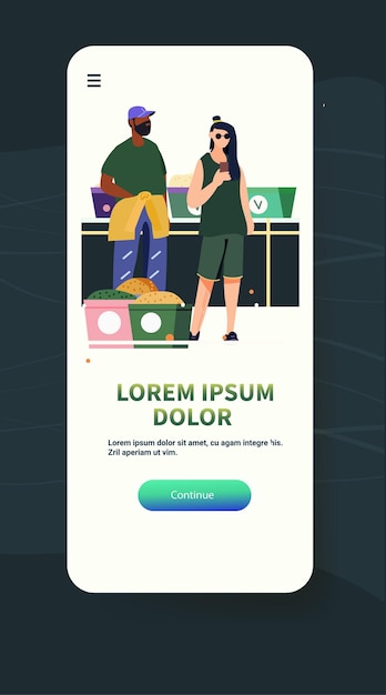 Personas comprando en el mercado estilo de vida saludable Dos personas en un puesto de mercado con cestas de productos de fondo de una pantalla de aplicación móvil