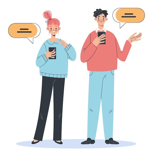 Las personas se comunican mediante la ilustración del elemento de diseño de dibujos animados del concepto de chat de Internet en línea
