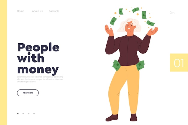 Personas con concepto de dinero de página de destino con mujer rica feliz tirando dólares haciendo lluvia de efectivo