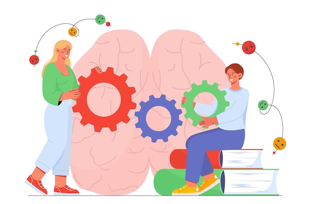 Personas con concepto de disciplina científica Hombre y mujer con engranajes multicolores en el fondo del cerebro Anatomía y biología Pensamiento lógico y creatividad Ilustración de vector plano de dibujos animados