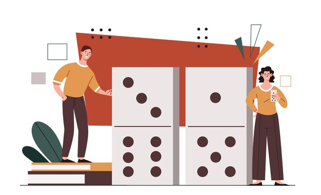 Personas con concepto de juegos de mesa, hombre y mujer cerca de dados blancos, juegos de azar y diversión de fortuna y