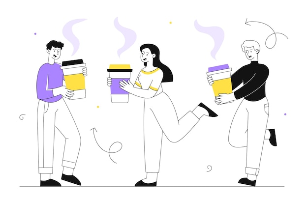 Personas con concepto de línea de bebidas calientes Hombres y mujeres con taza de café caliente o té Aroma y bebida Menú de cafetería o restaurante cafetería Capuchino y espresso Ilustración vectorial plana lineal