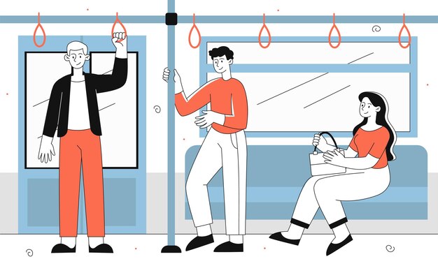 Personas en el concepto de línea de metro Hombres y mujeres en cabina de tren Pasajeros turistas y viajeros Infraestructura urbana Viaje en tren Afiche o pancarta Ilustración de vector plano lineal
