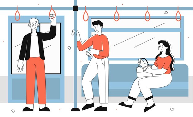 Vector personas en el concepto de línea de metro hombres y mujeres en cabina de tren pasajeros turistas y viajeros infraestructura urbana viaje en tren afiche o pancarta ilustración de vector plano lineal