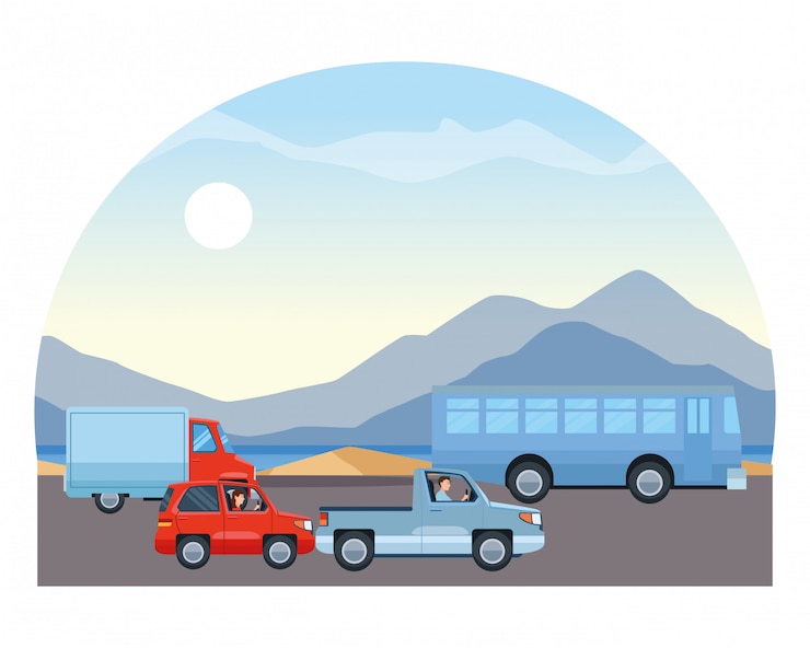 Vector personas conduciendo vehículos en el tráfico.