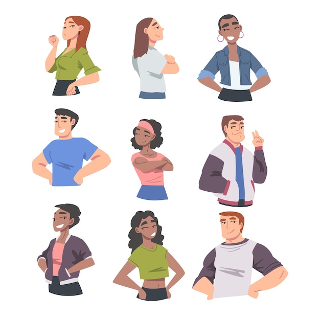 Personas confiadas Mujeres y hombres jóvenes alegres que expresan emociones positivas Amor propio Orgullo propio Aceptación Estimación Ilustración vectorial de dibujos animados