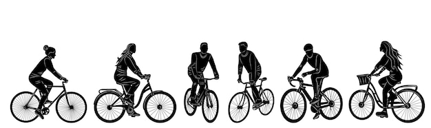 Personas en un conjunto de siluetas vectoriales de bicicletas