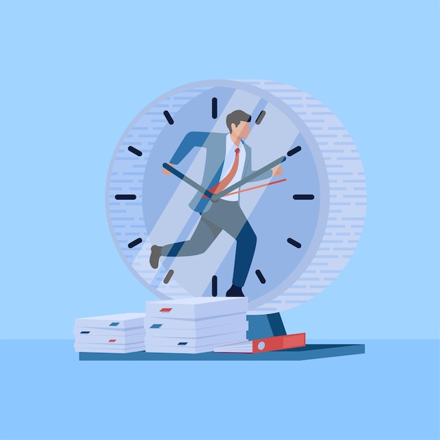 personas corriendo dentro del reloj y pilas de papeles fuera una metáfora para el trabajo extra simple ilustración conceptual plana
