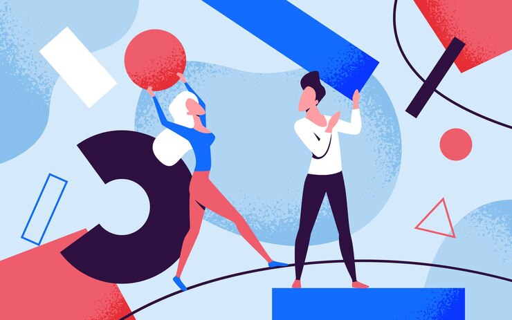 Vector las personas creativas que resuelven problemas con figuras y formas abstractas crean soluciones