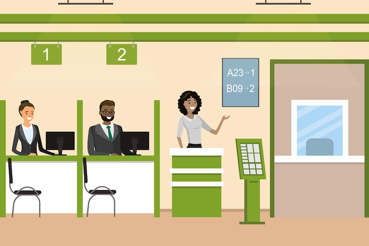 Vector personas dentro del concepto interior de la oficina del banco con varios empresarios, gerentes de banco y clientes