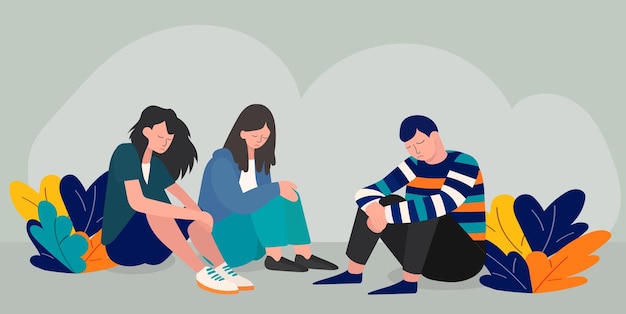 personas deprimidas personas tristes sentadas en estilo plano en vector de fondo blanco