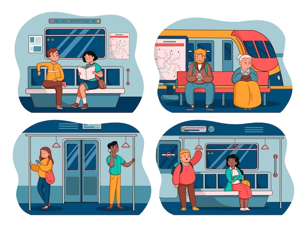 Vector personas dibujadas a mano en un mini conjunto de composición del metro