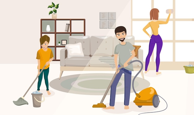 Personas de dibujos animados de color Gente Familia Limpieza de la casa Vector de concepto