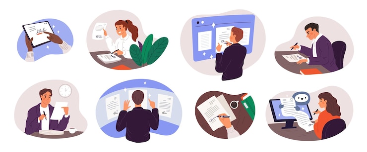 Vector personas de dibujos animados firman documentos acuerdos oficiales en papel y firmas electrónicas contrato digital acuerdo de asociación contrato digital y en papel acuerdos en dibujos ilustrados conjunto de vectores llamativos aislados